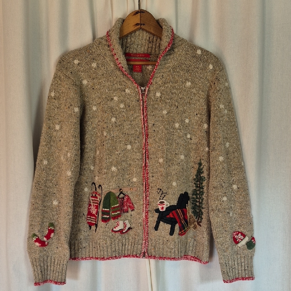 Winter Holiday Christmas Sweater Jacket Wool Snow Skying 2004 Beige
